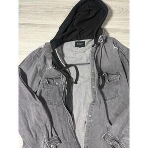 Risen Grey Hooded Distressed Denim Shirt Jacket-Large